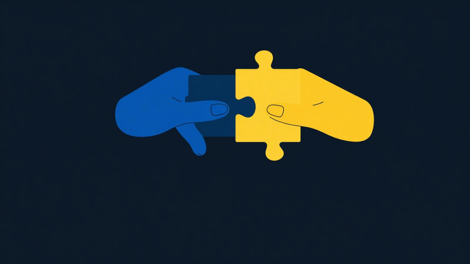 Dos manos encajando piezas — conexión y automatización